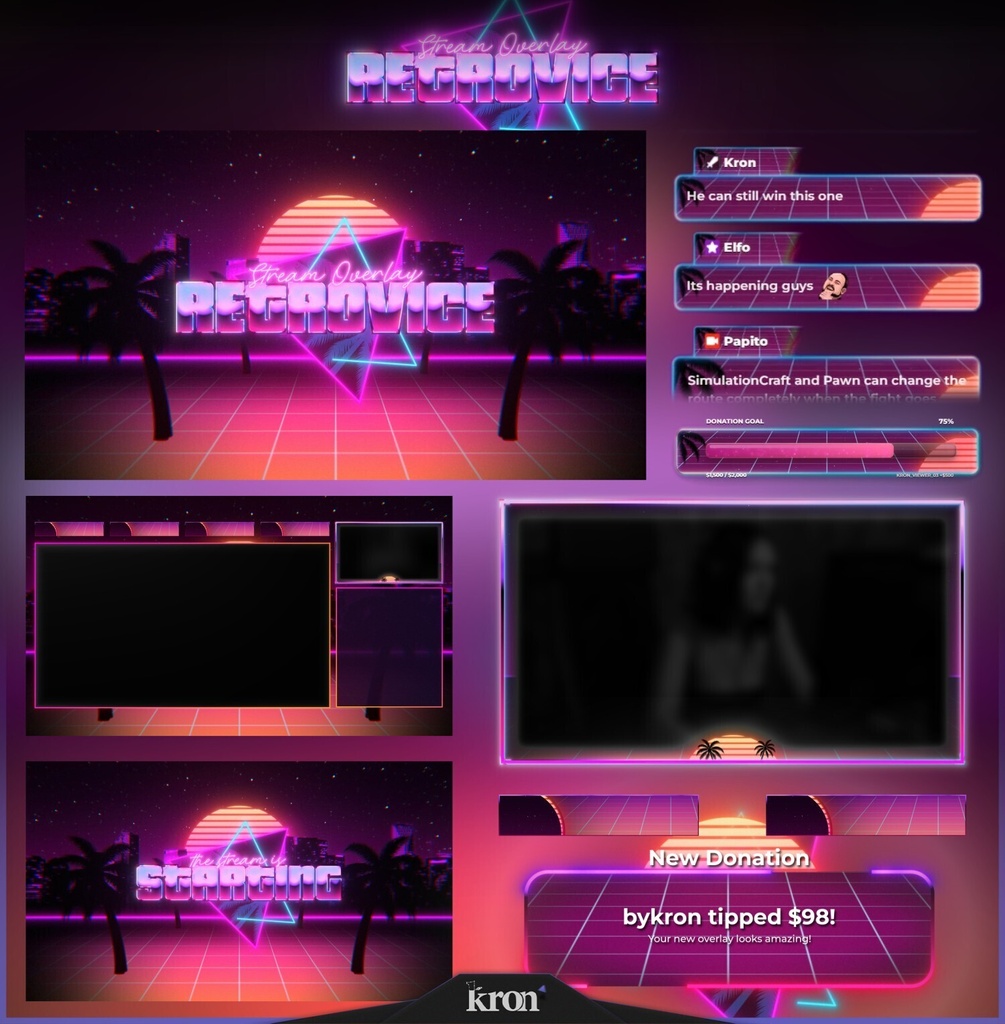 〖配信者向け〗Retro Wave｜ネオン・シンセウェイブ 動く配信画面｜OBS対応オーバーレイ