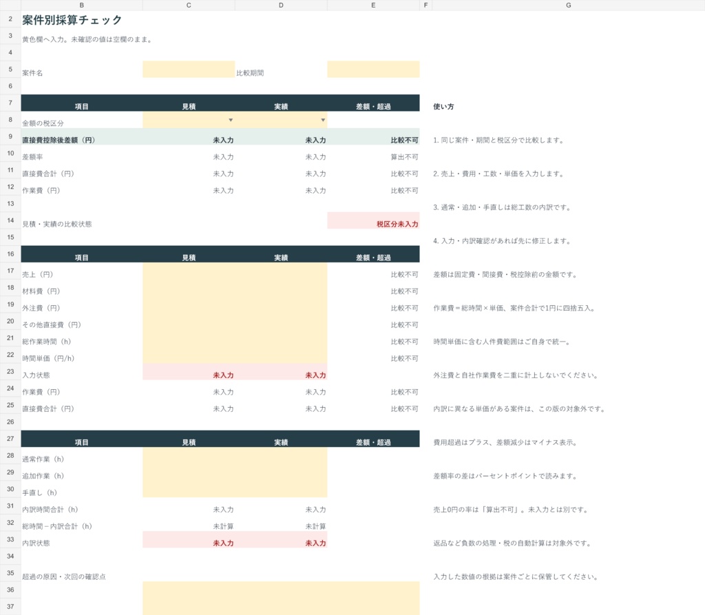 案件別採算チェックExcel|見積と実績・工数の差を確認