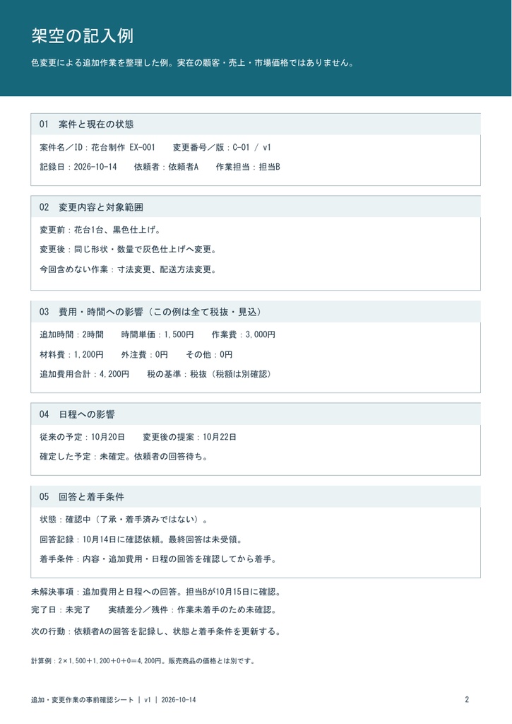 追加・変更作業の事前確認シート|A4 PDF・架空記入例付き