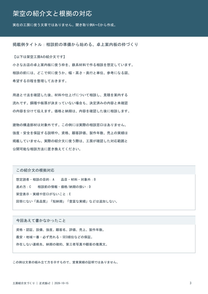 工房紹介文づくりの聞き取りシート|A4 PDF・架空例と根拠対応付き