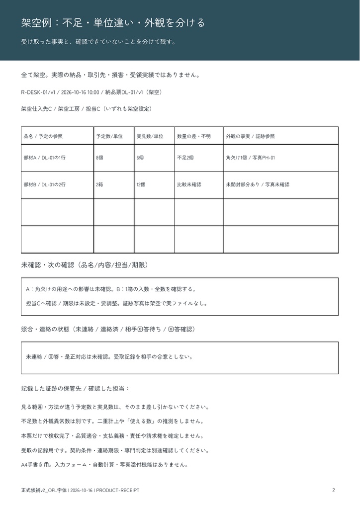 届いた品物の数量・外観チェック|受領記録PDF