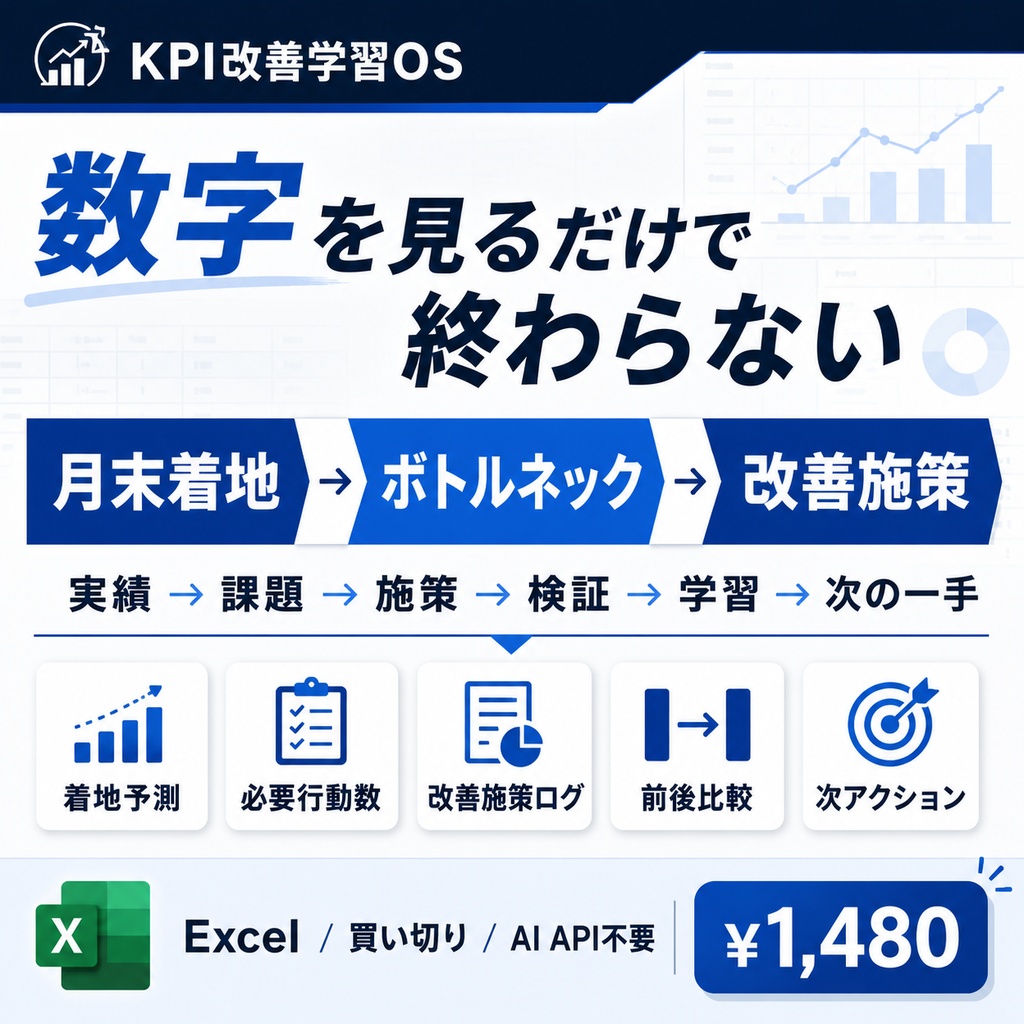KPI改善学習OS｜月末着地予測→ボトルネック→改善施策まで回すExcel【買い切り】