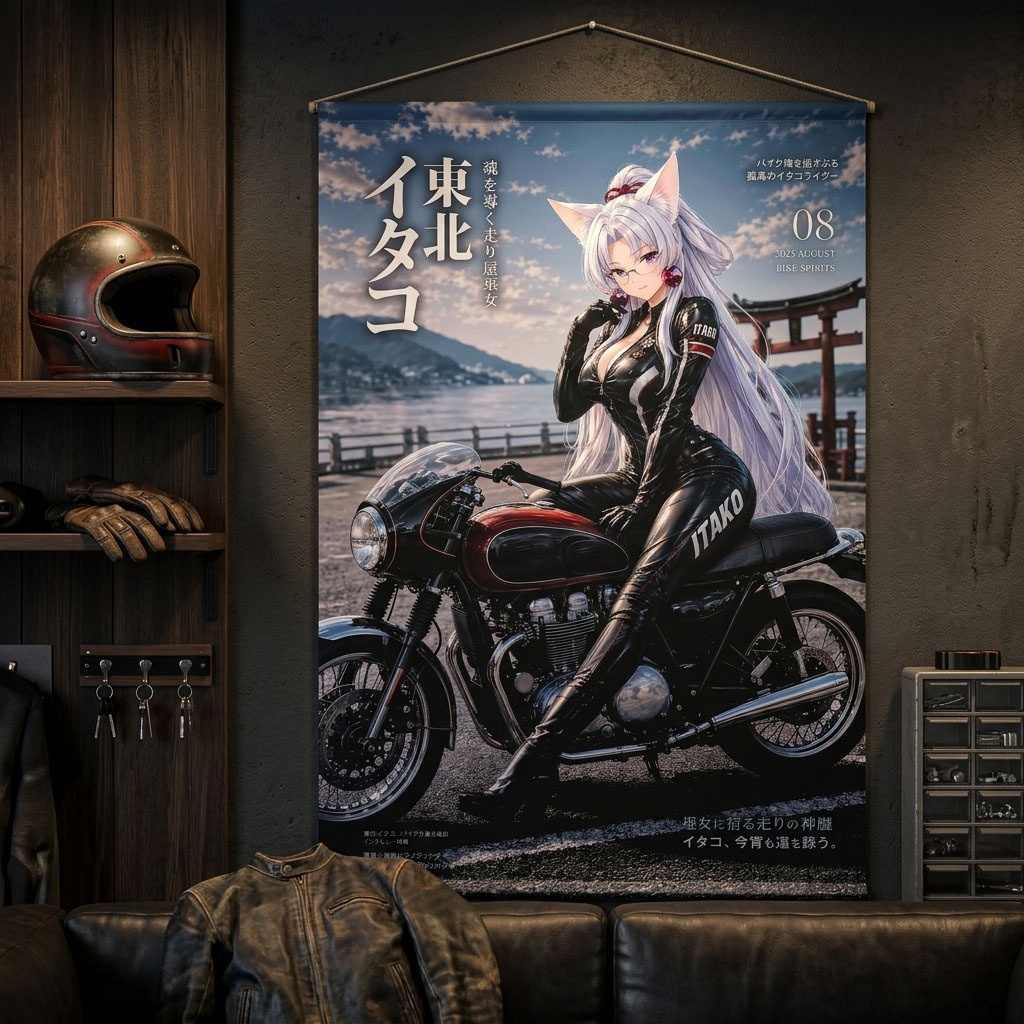 【新発売特価】東北イタコ B2タペストリー|バイク×巫女×ライダースーツ「BIKE SPIRITS」