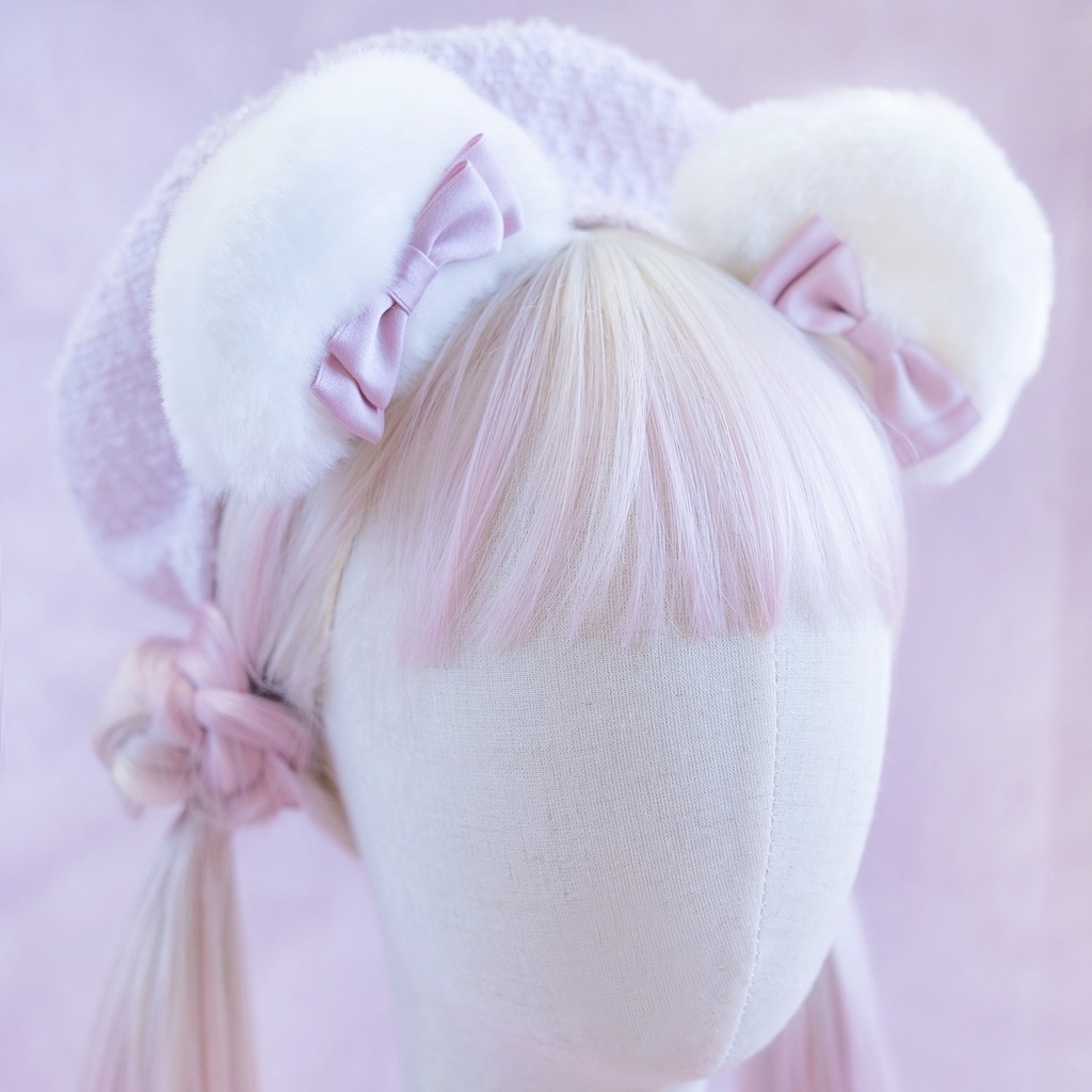 ラメツイードベレー帽・クマ耳クリップセット