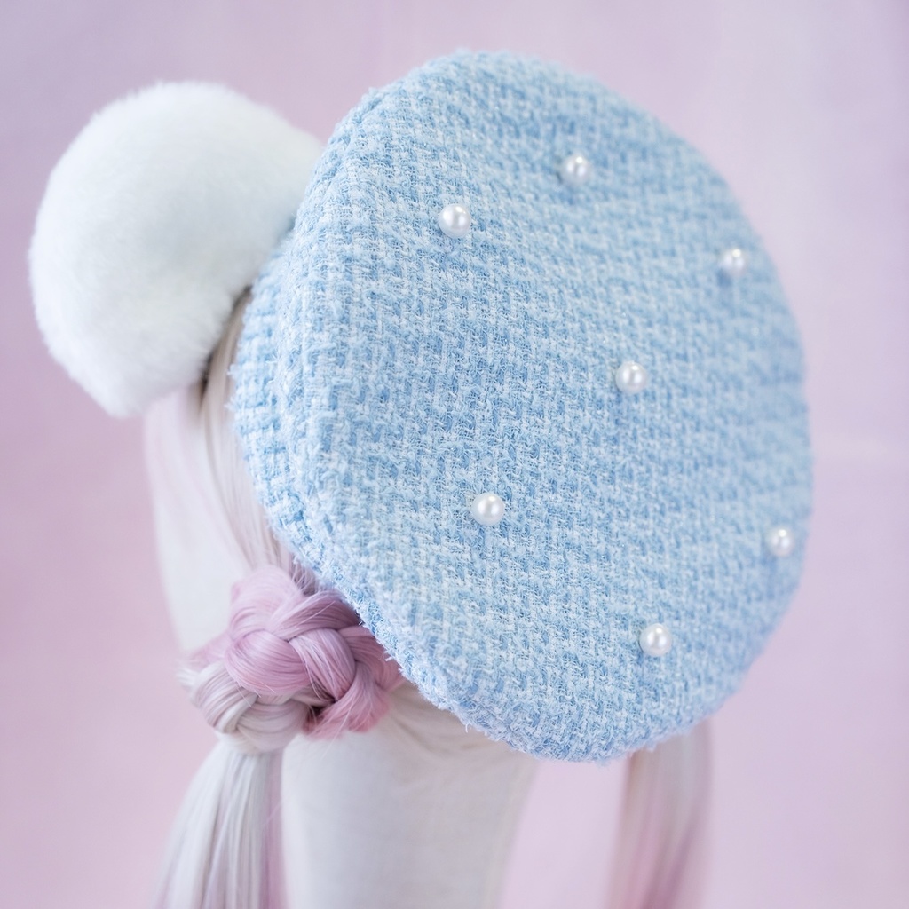 ラメツイードベレー帽・クマ耳クリップセット