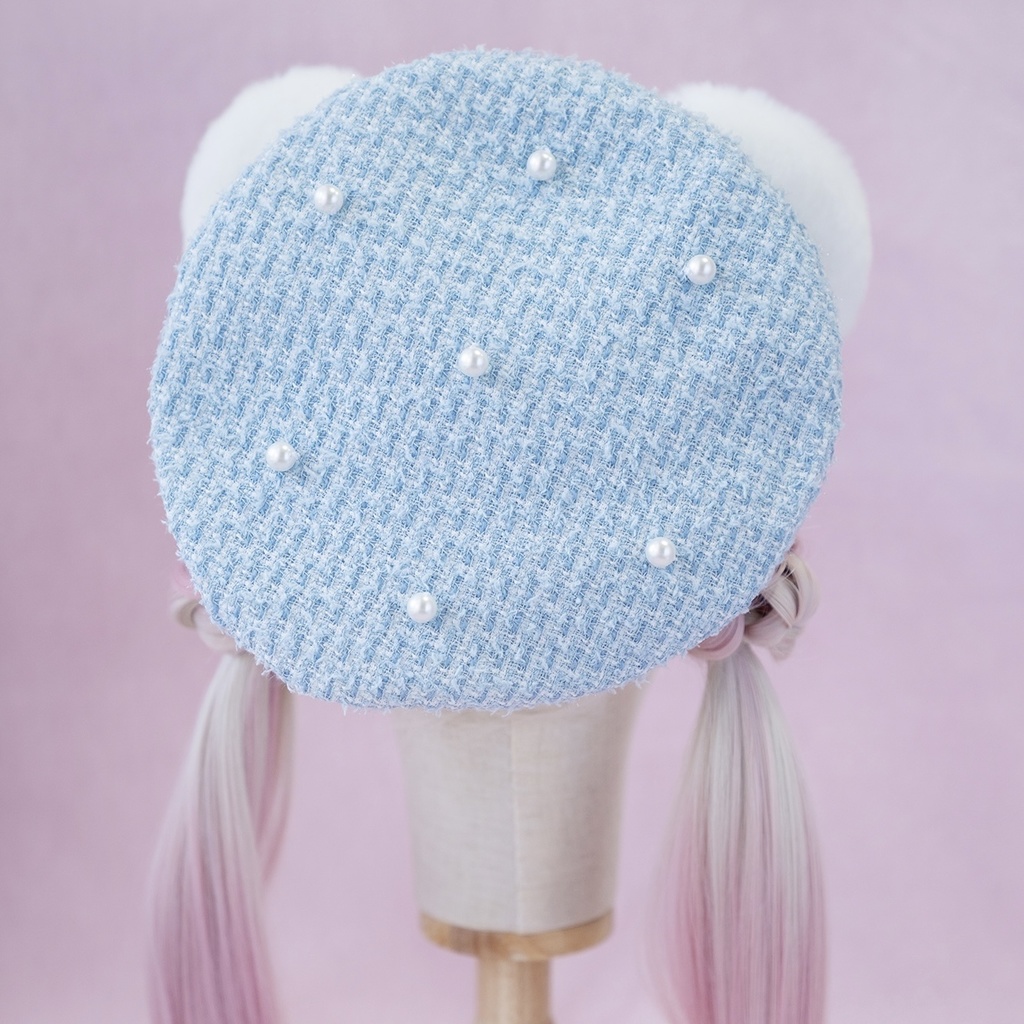 ラメツイードベレー帽・クマ耳クリップセット