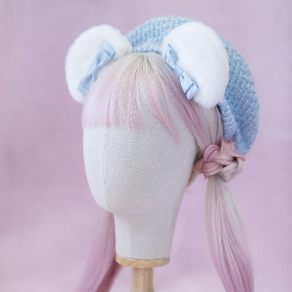 ラメツイードベレー帽・クマ耳クリップセット