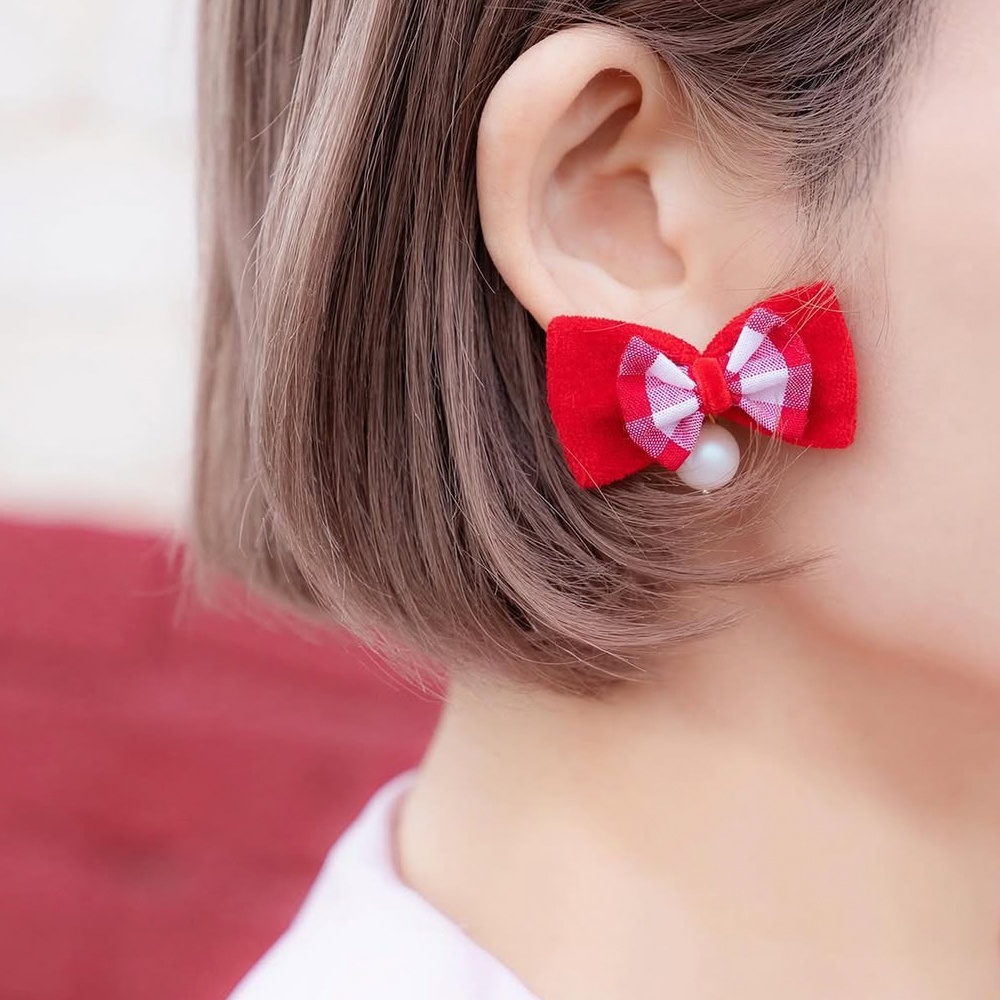 プチリボンイヤリング ギンガムチェック