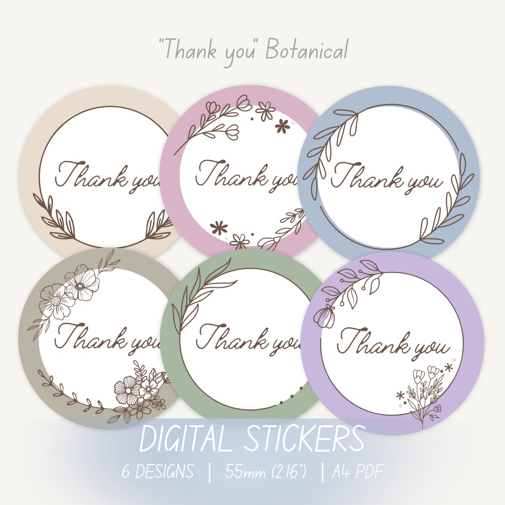 Botanical ステッカー｜ Thank youメッセージ｜ 55mm丸型｜ デジタルダウンロード