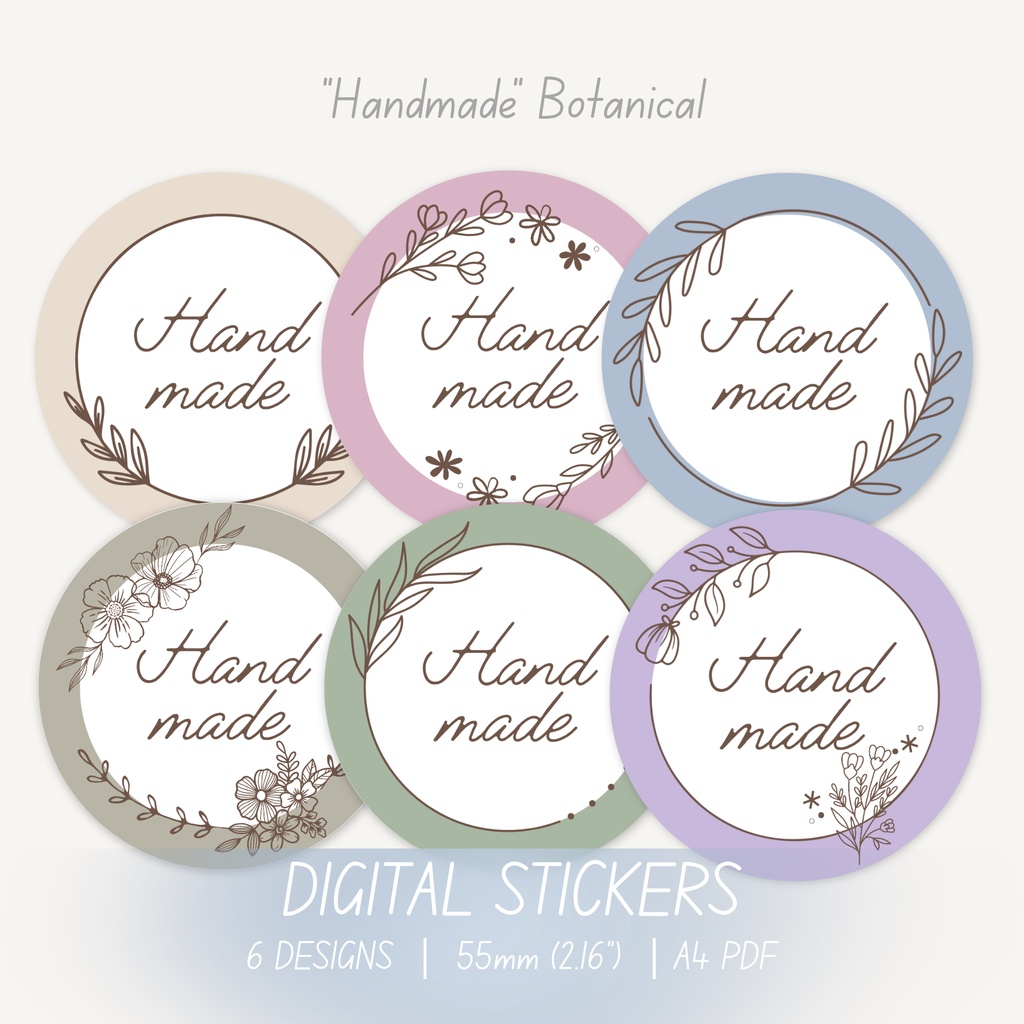 Botanical ステッカー｜ Handmadeメッセージ｜ 55mm丸型｜ デジタルダウンロード