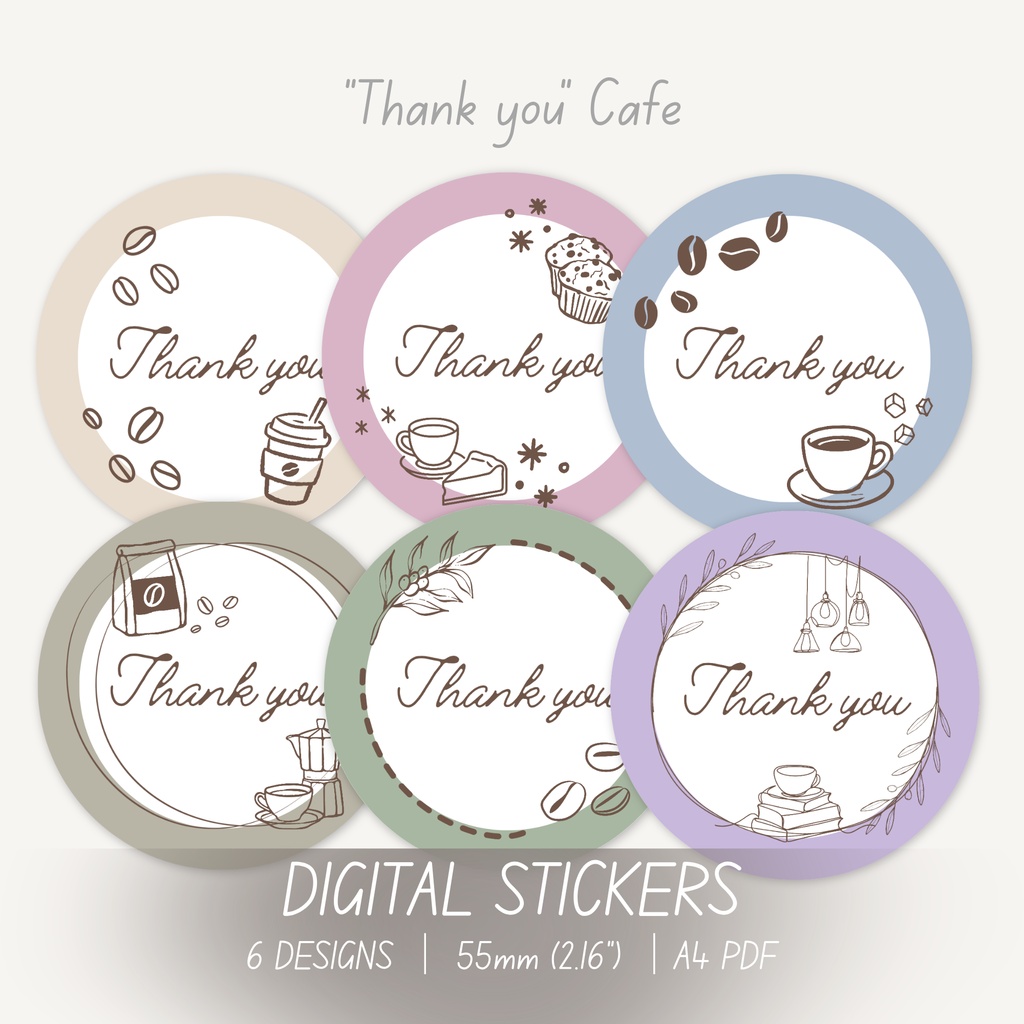 Cafe ステッカー｜ Thank youメッセージ｜ 55mm丸型｜ デジタルダウンロード