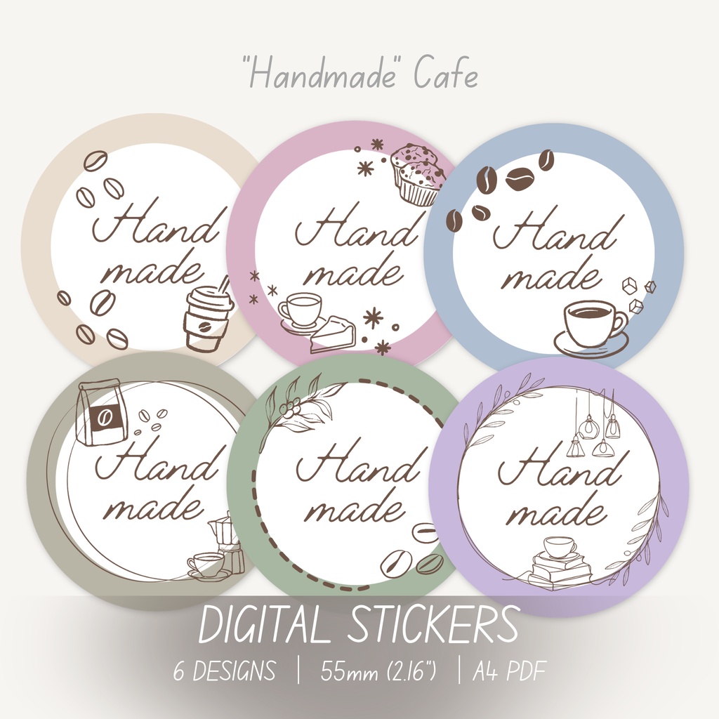 Cafe ステッカー｜ Handmadeメッセージ｜ 55mm丸型｜ デジタルダウンロード