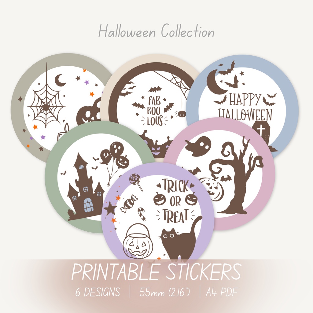 Halloween ステッカー｜かぼちゃ・おばけ・黒猫モチーフ｜55mm丸型｜デジタルダウンロード