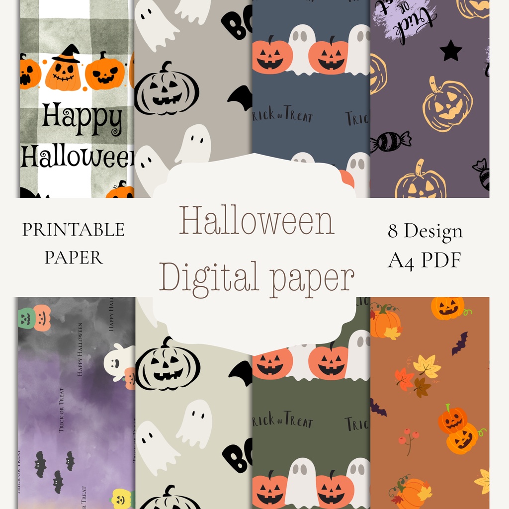 Halloween デジタルペーパー|かぼちゃ・おばけ・黒猫など|A4 8種類|デジタルダウンロード