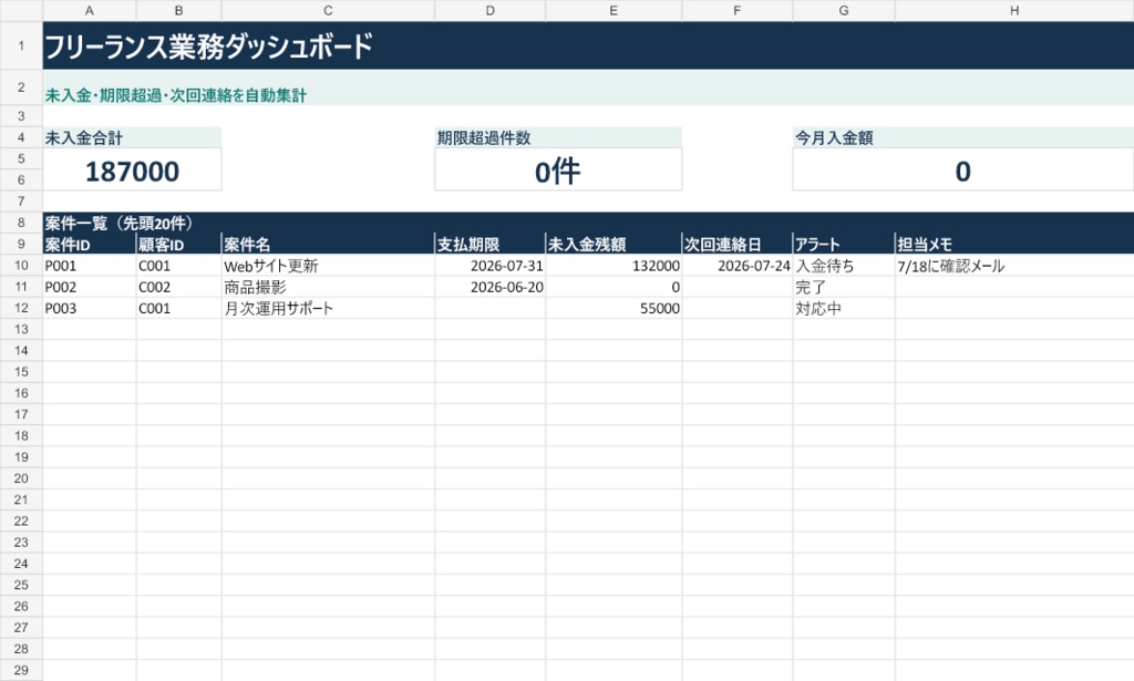 フリーランス案件・請求・入金管理Excel｜未入金・期限超過を自動チェック