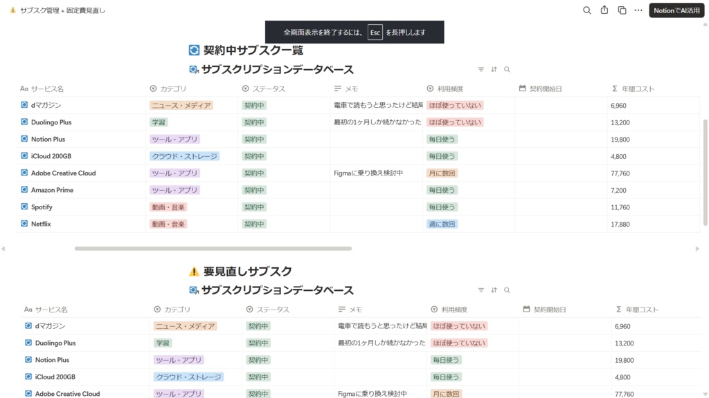 サブスク管理 + 固定費見直し Notionテンプレート｜毎月の出費を可視化して無駄を発見