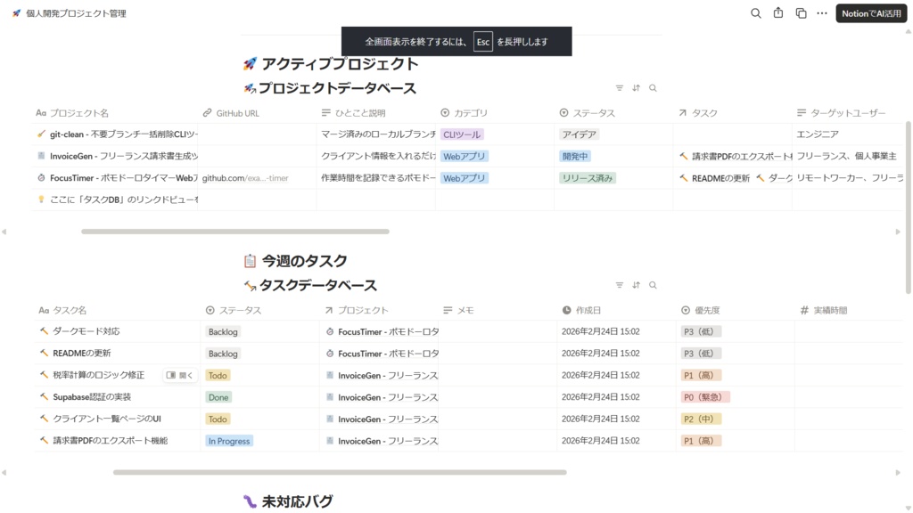 個人開発プロジェクト管理 Notionテンプレート｜アイデアからリリースまで一元管理