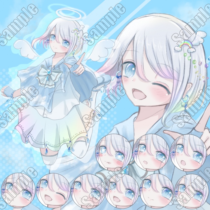 【無料】空色ケープの虹色少女(天使パーツ着脱可)(表情9種)【TRPG立ち絵】