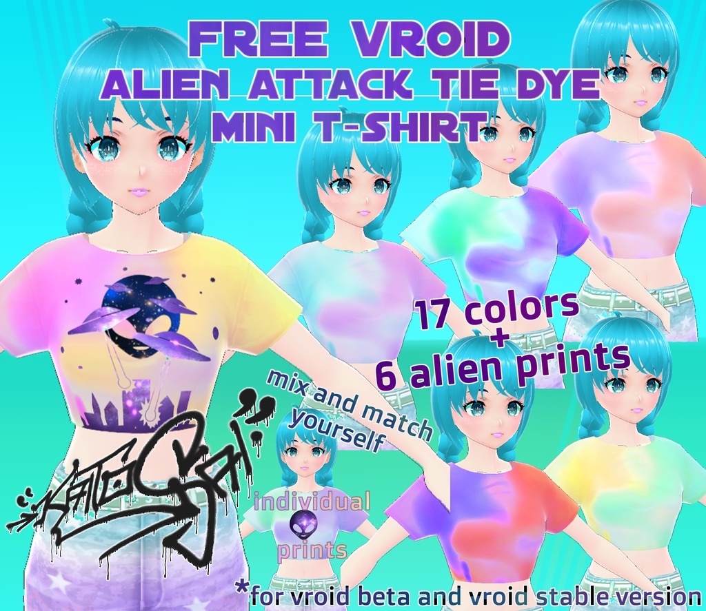 [Free] Alien Attack Print Tie Dye Mini Shirt-Set for VRoid