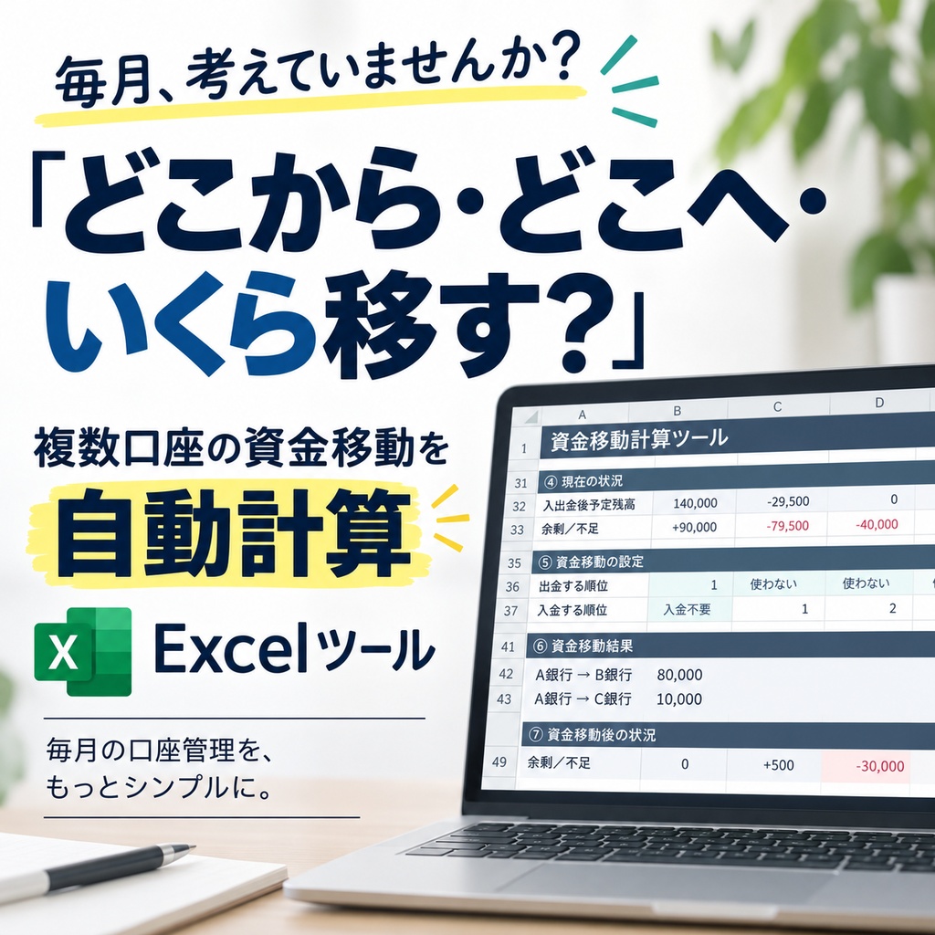 複数口座の資金移動計算ツール｜「どこから・どこへ・いくら？」を自動計算【Excel】