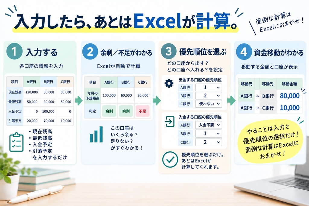 複数口座の資金移動計算ツール|「どこから・どこへ・いくら?」を自動計算【Excel】