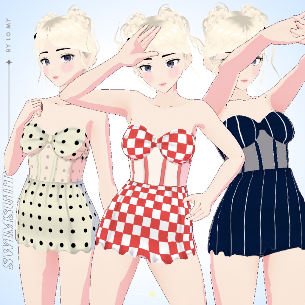 【VRoid】Short Dress / Swimsuit Pattern - Polka Dot, Checkered, Stripes
