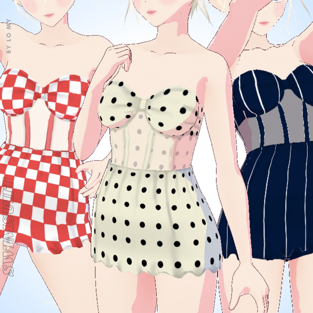 【VRoid】Short Dress / Swimsuit Pattern - Polka Dot, Checkered, Stripes