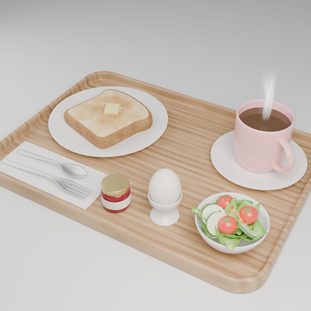 【VRChat想定】喫茶店のモーニングセット 3Dモデル(トースト・コーヒー・ゆで卵・サラダ 14点)