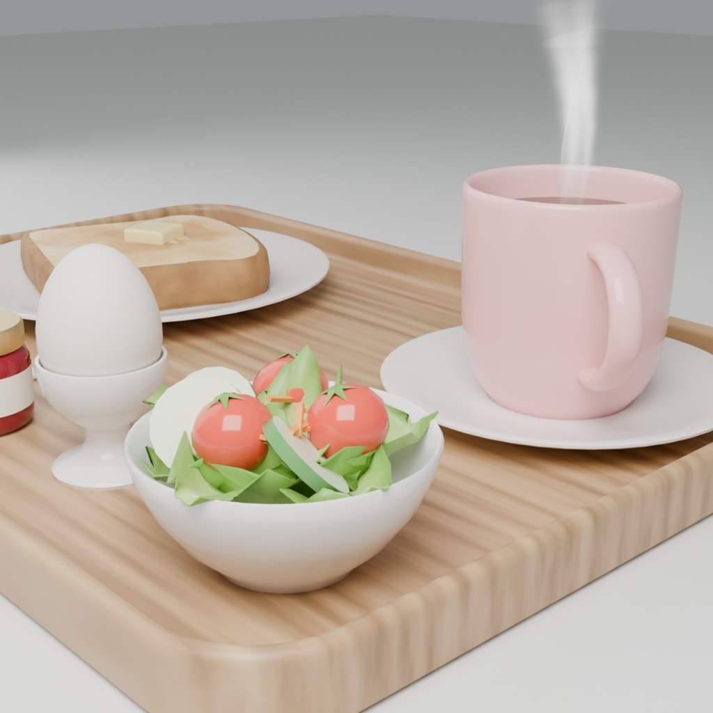 【VRChat想定】喫茶店のモーニングセット 3Dモデル(トースト・コーヒー・ゆで卵・サラダ 14点)