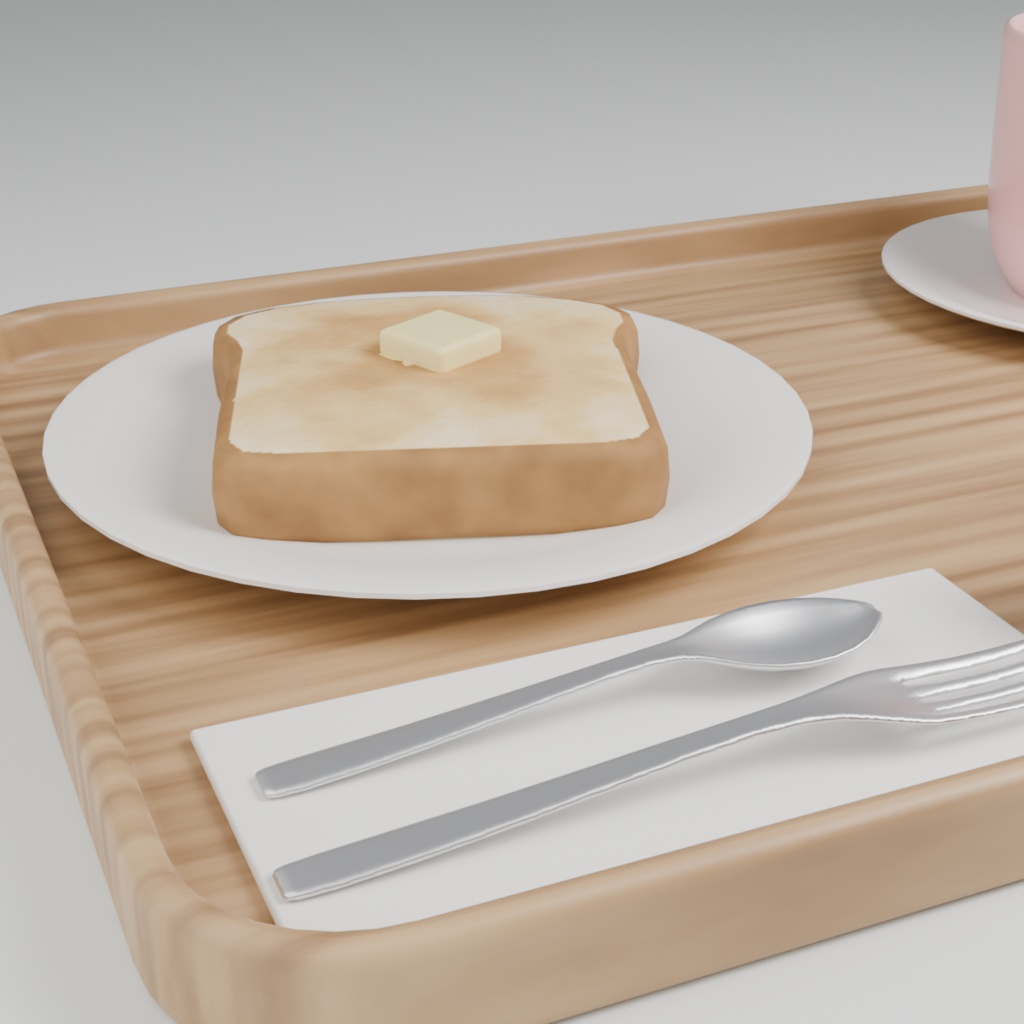 【VRChat想定】喫茶店のモーニングセット 3Dモデル(トースト・コーヒー・ゆで卵・サラダ 14点)