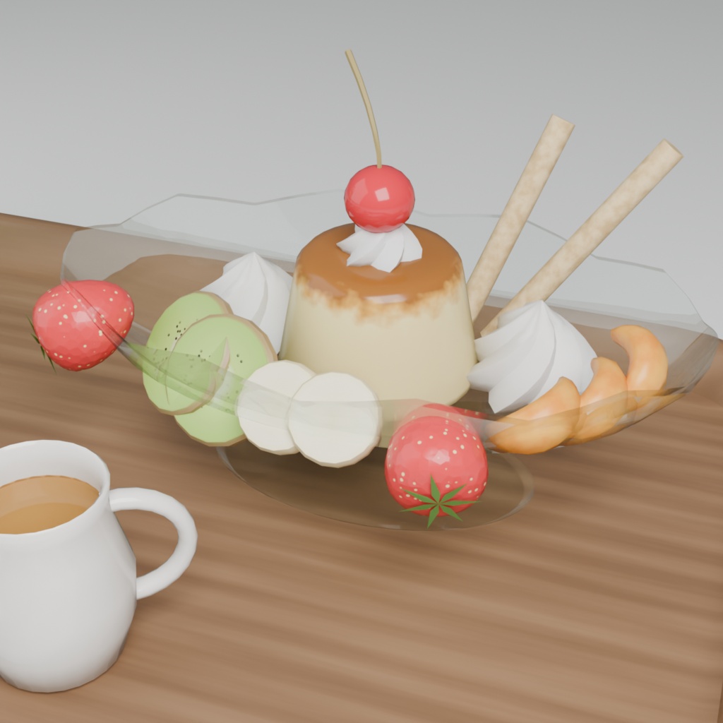 【VRChat想定】喫茶店のデザートセット 3Dモデル(クリームソーダ・プリンアラモード・ホットケーキ 16点)