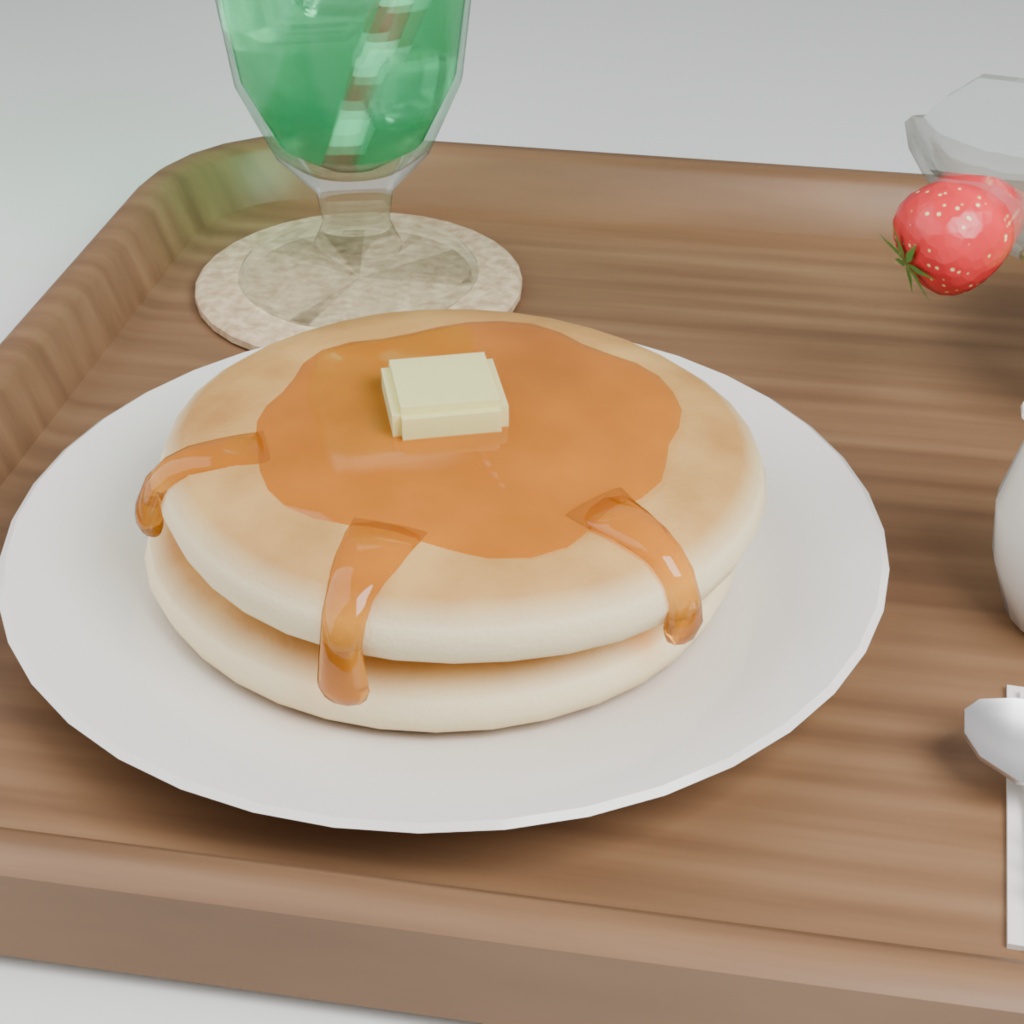 【VRChat想定】喫茶店のデザートセット 3Dモデル(クリームソーダ・プリンアラモード・ホットケーキ 16点)