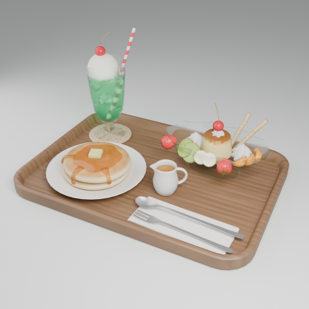 【VRChat想定】喫茶店のデザートセット 3Dモデル(クリームソーダ・プリンアラモード・ホットケーキ 16点)