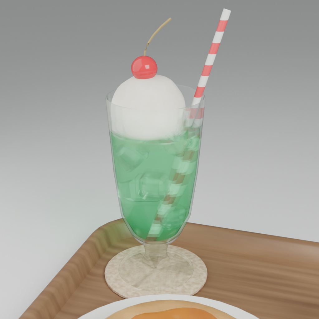 【VRChat想定】喫茶店のデザートセット 3Dモデル(クリームソーダ・プリンアラモード・ホットケーキ 16点)