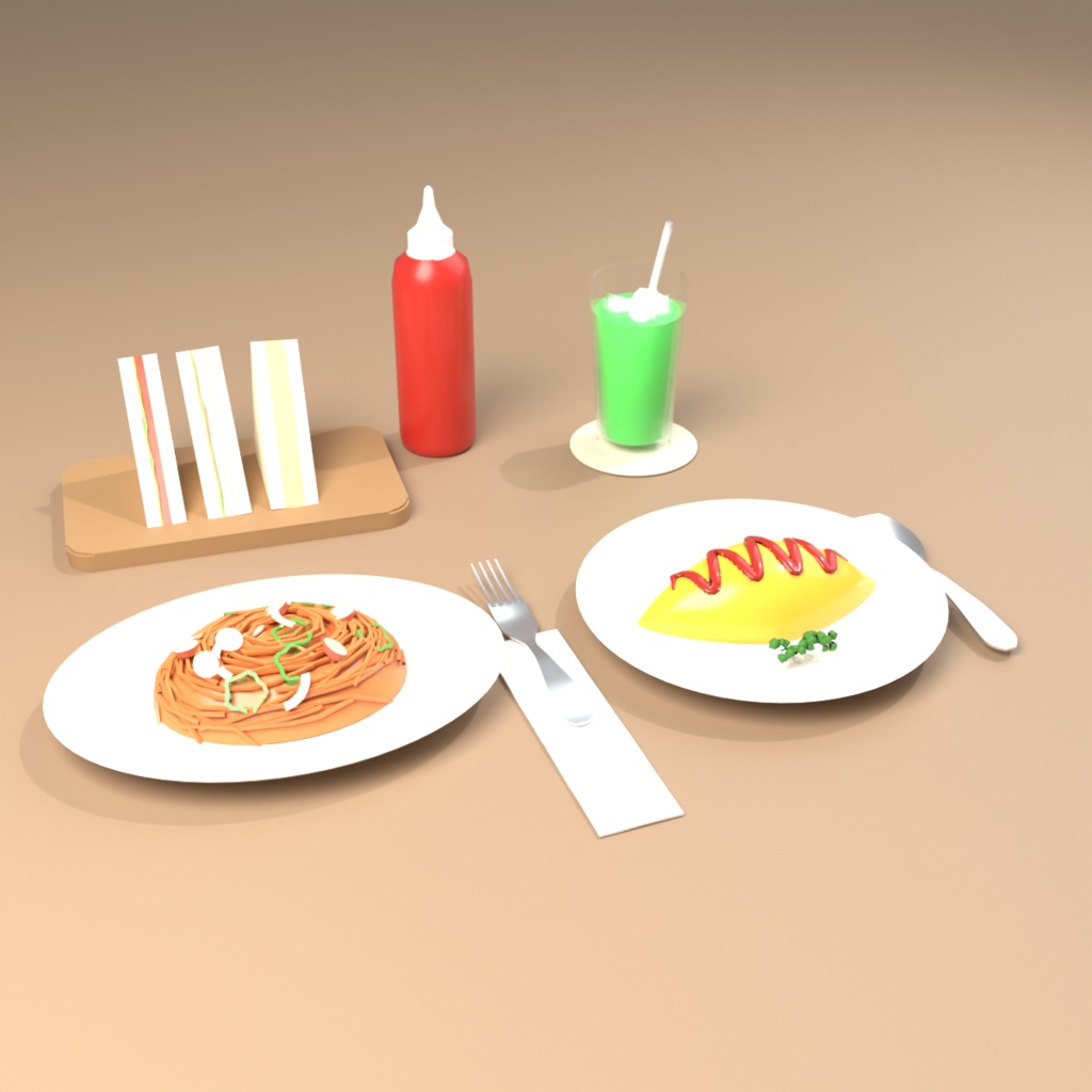 【VRChat想定】喫茶店のランチセット 3Dモデル（ナポリタン・オムライス・ミックスサンド・メロンソーダ 16点）