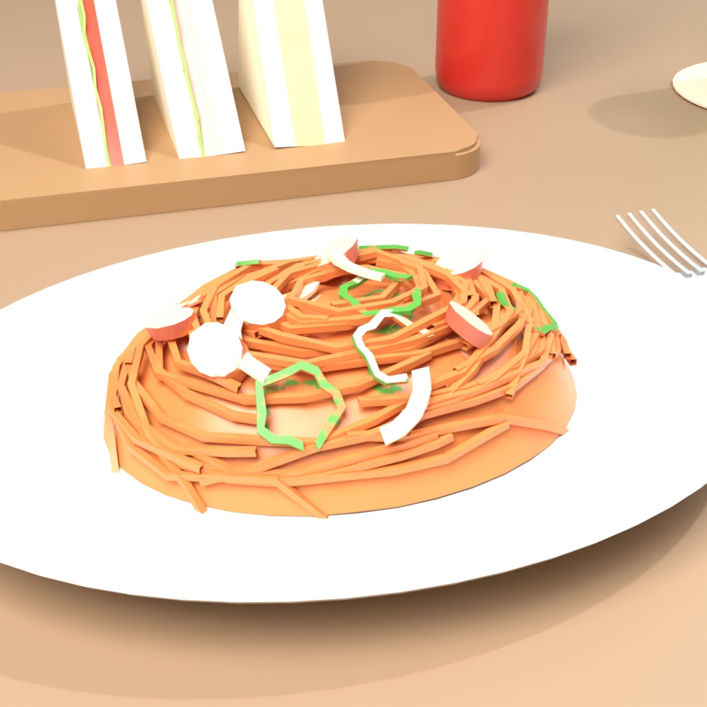 【VRChat想定】喫茶店のランチセット 3Dモデル(ナポリタン・オムライス・ミックスサンド・メロンソーダ 16点)