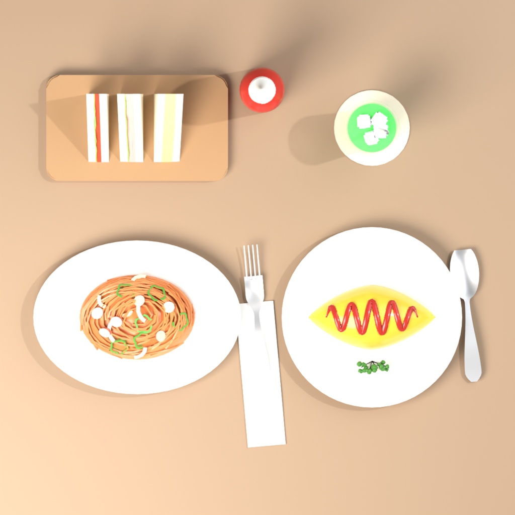 【VRChat想定】喫茶店のランチセット 3Dモデル(ナポリタン・オムライス・ミックスサンド・メロンソーダ 16点)