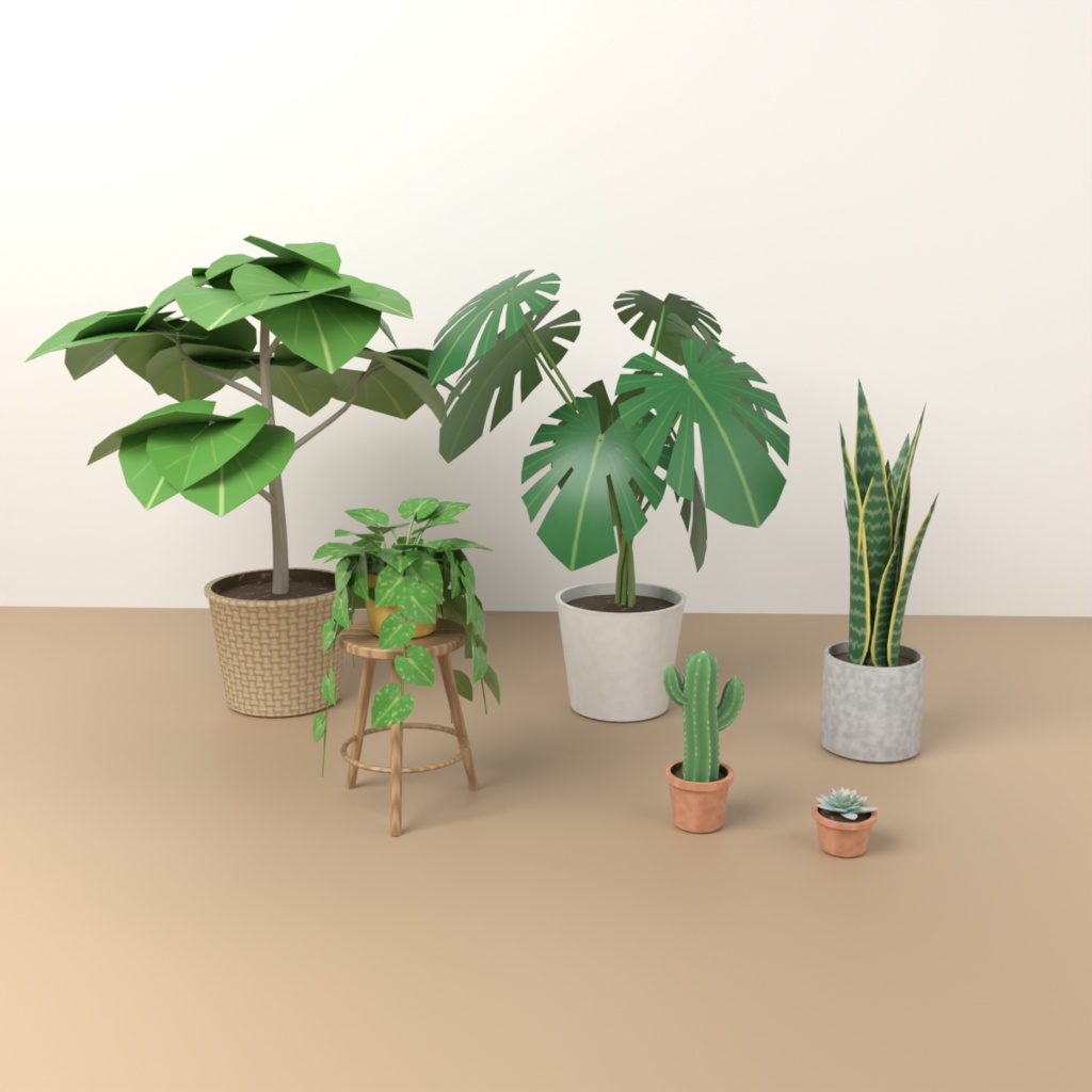 【VRChat想定】観葉植物の鉢セット 3Dモデル（モンステラ・ウンベラータ・サンスベリア・ポトス・サボテンなど 7点）