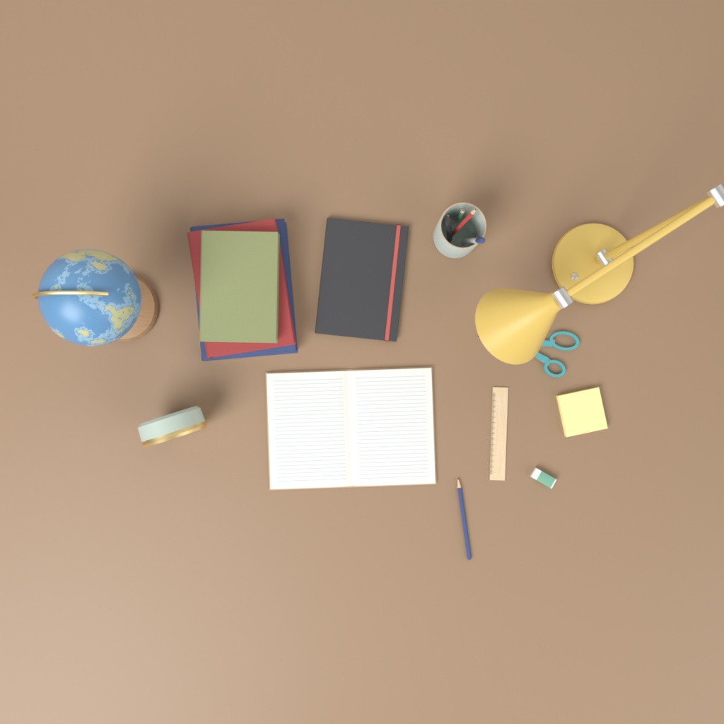 【VRChat想定】デスク・文房具セット 3Dモデル(デスクライト・ノート・本・地球儀・置き時計など 16点)