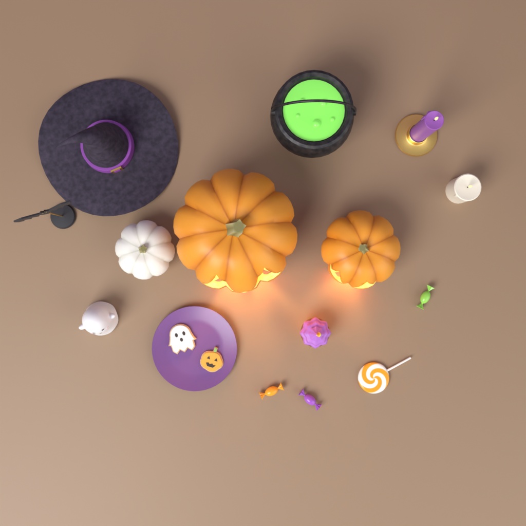 【VRChat想定】ハロウィン小物セット 3Dモデル(ジャック・オ・ランタン・魔女の帽子・大鍋・お菓子など 17点)