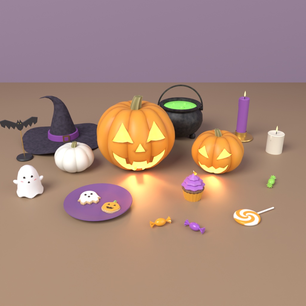 【VRChat想定】ハロウィン小物セット 3Dモデル（ジャック・オ・ランタン・魔女の帽子・大鍋・お菓子など 17点）