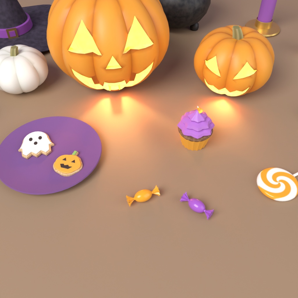 【VRChat想定】ハロウィン小物セット 3Dモデル(ジャック・オ・ランタン・魔女の帽子・大鍋・お菓子など 17点)