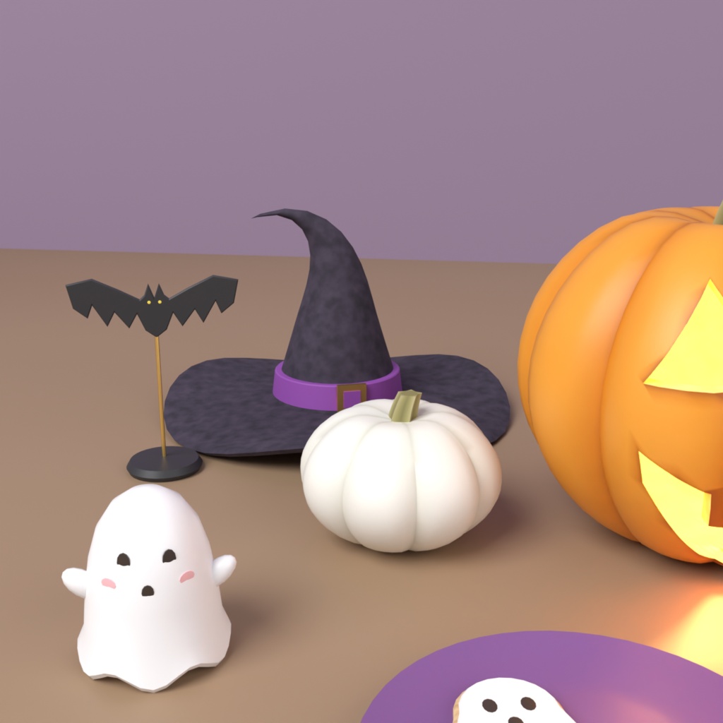 【VRChat想定】ハロウィン小物セット 3Dモデル(ジャック・オ・ランタン・魔女の帽子・大鍋・お菓子など 17点)