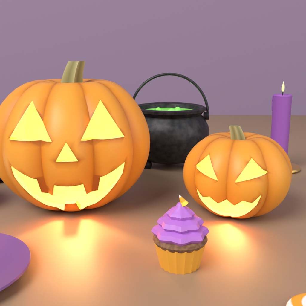 【VRChat想定】ハロウィン小物セット 3Dモデル(ジャック・オ・ランタン・魔女の帽子・大鍋・お菓子など 17点)