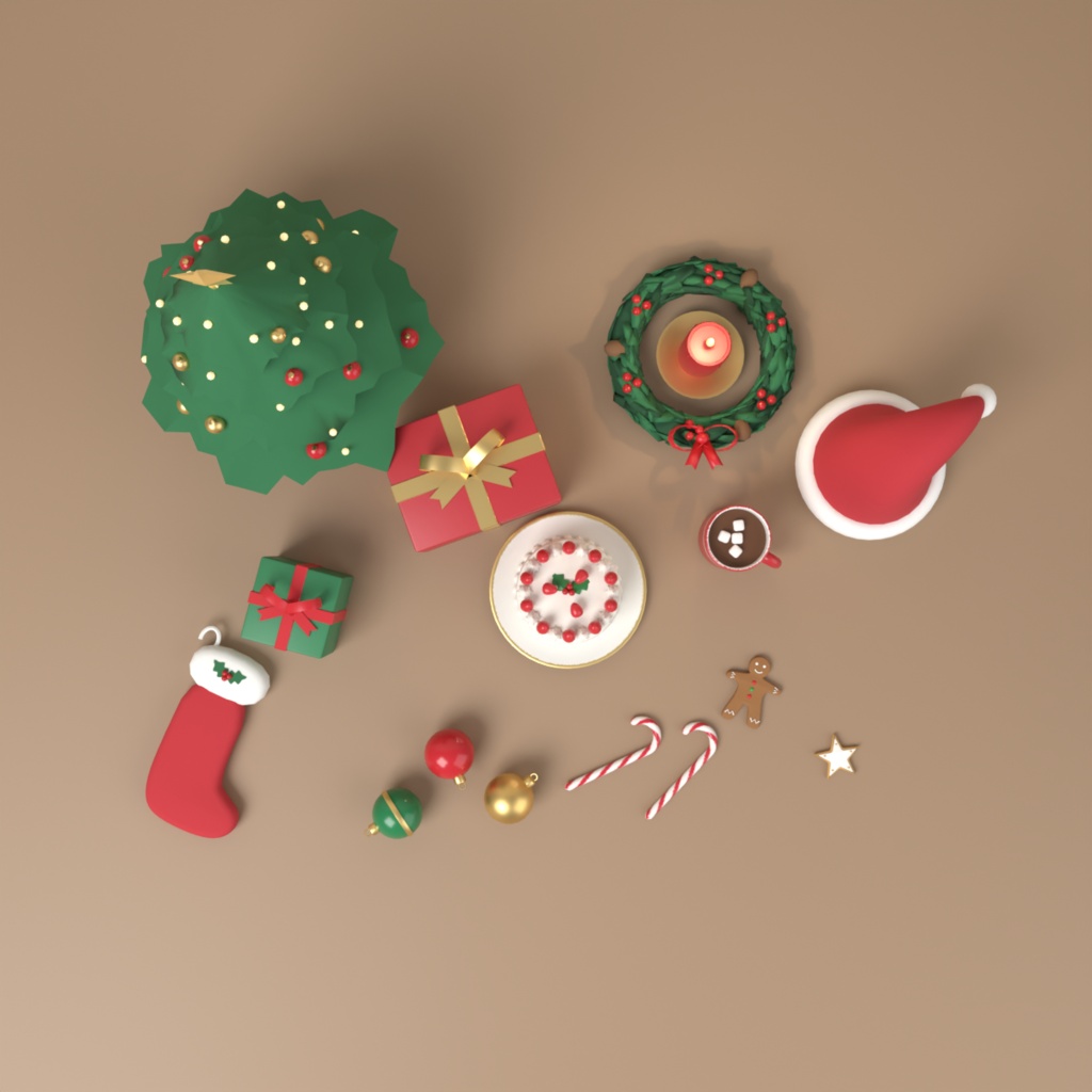 【VRChat想定】クリスマス小物セット 3Dモデル(ツリー・プレゼント・リース・ケーキ・サンタ帽など 17点)