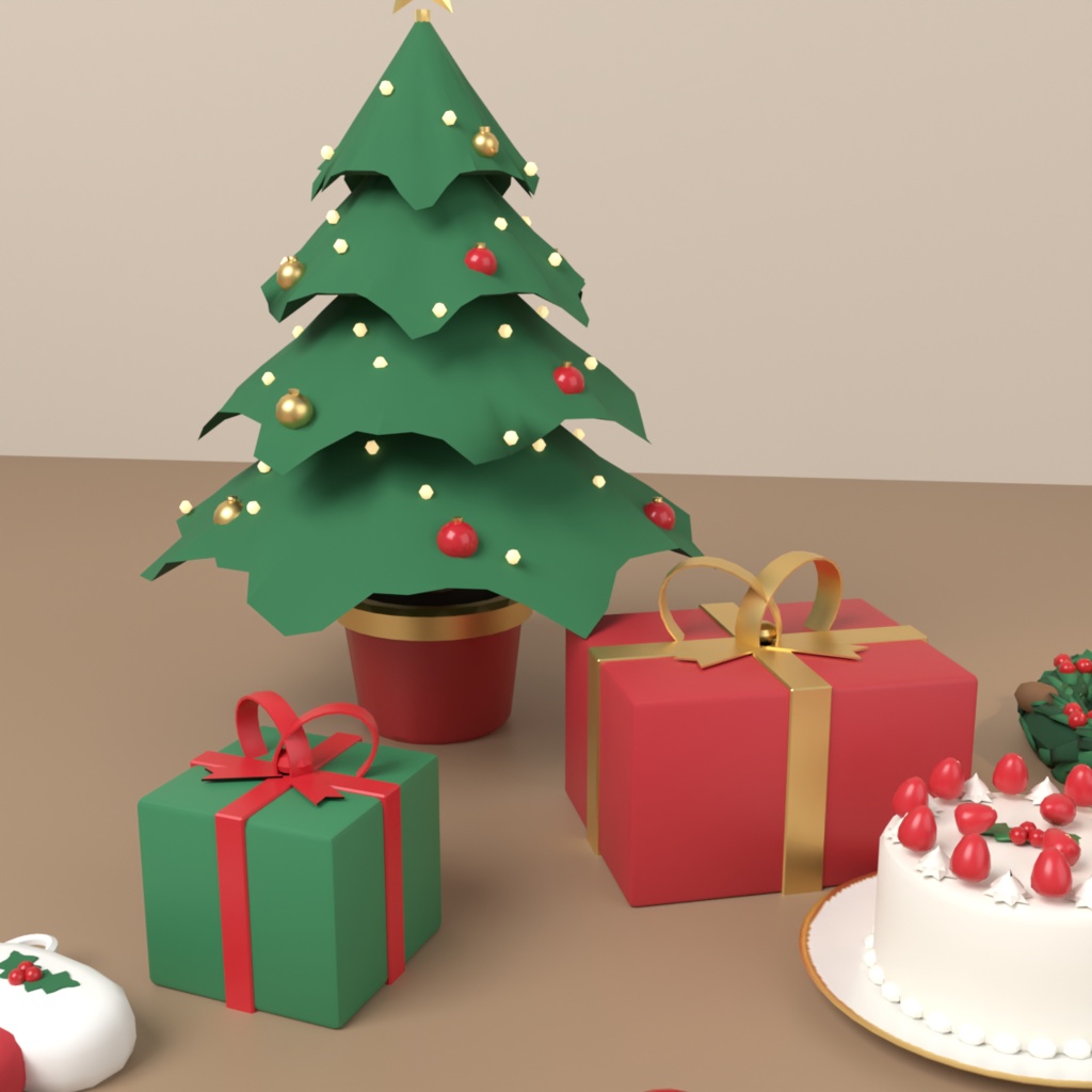 【VRChat想定】クリスマス小物セット 3Dモデル(ツリー・プレゼント・リース・ケーキ・サンタ帽など 17点)