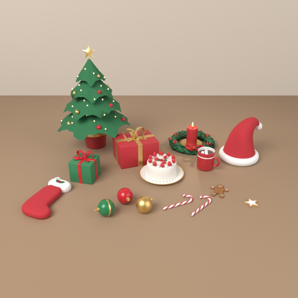 【VRChat想定】クリスマス小物セット 3Dモデル（ツリー・プレゼント・リース・ケーキ・サンタ帽など 17点）