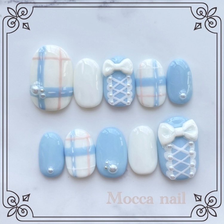 【044】ガーリーツイードネイル ピンクリボン×ハート