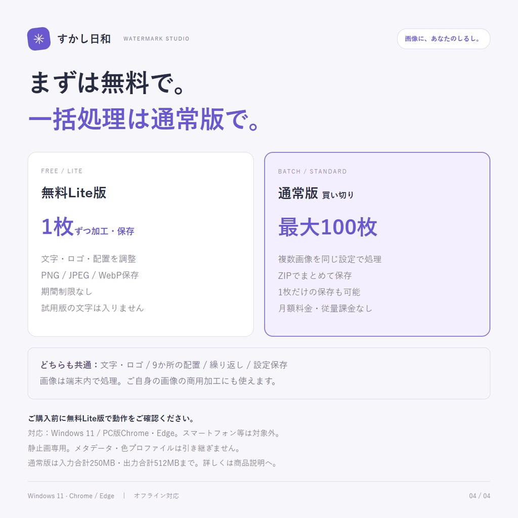 【無料版あり】すかし日和|画像に文字・ロゴを一括追加【オフライン/買い切り】