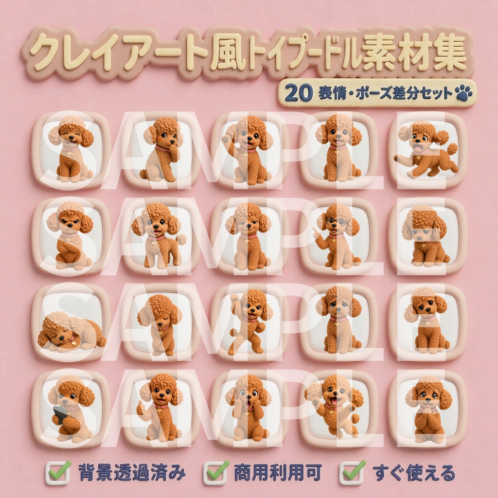 【動画用素材】クレイアート風トイプードルの表情・ポーズ20種セット（背景透過PNG）/ Clay 3D Toy Poodle Icon Assets